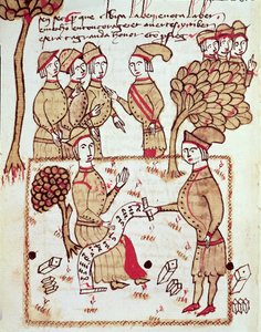 Ms 327 fol.201v En lantmätare med sina arbetare, från "Traite d